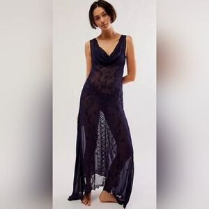 FREE PEOPLE Yours Truly Embroidered Slip Dress Starless Sky Navy Blue Size Large